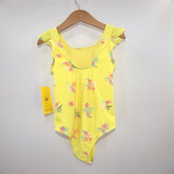 GAPFactory Bright Yellow One Piece Flutter Swimsuit Floral Parrot Print Size 5T - Picture 3 of 8